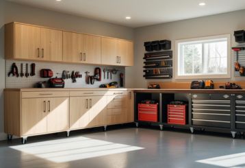 A modern, organized garage in Savage, MN featuring custom cabinets, wall storage, and a workbench with tools neatly arranged