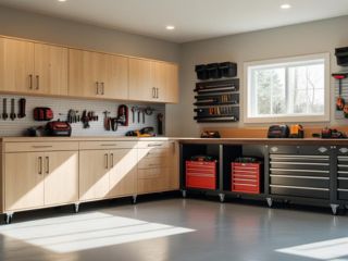 Custom Garage Organization and Workspace in Savage, MN A modern, organized garage in Savage, MN featuring custom cabinets, wall storage, and a workbench with tools neatly arranged