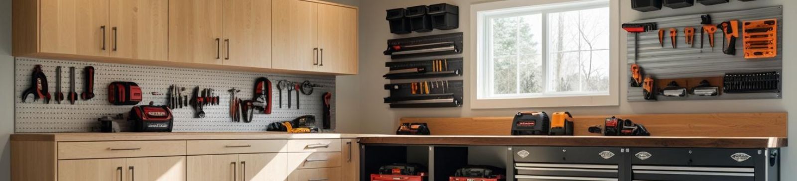 A modern, organized garage in Savage, MN featuring custom cabinets, wall storage, and a workbench with tools neatly arranged