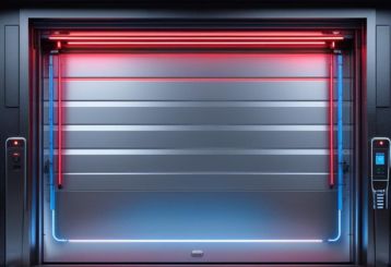 Modern garage door illuminated by red and blue LED lights, showcasing smart technology features in Savage, MN