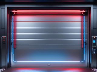 Futuristic Garage Door with Smart Lighting in Savage Modern garage door illuminated by red and blue LED lights, showcasing smart technology features in Savage, MN