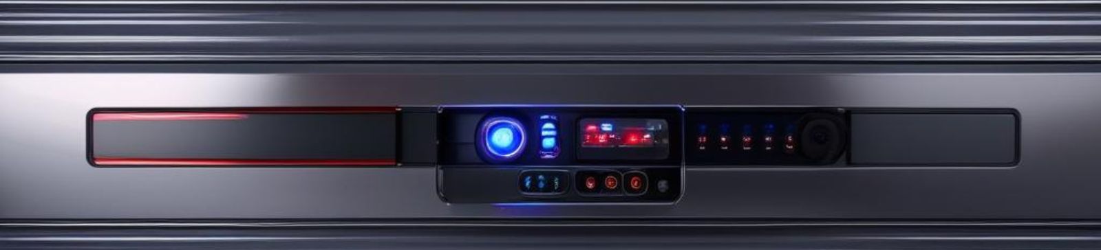 Modern garage door illuminated by red and blue LED lights, showcasing smart technology features in Savage, MN