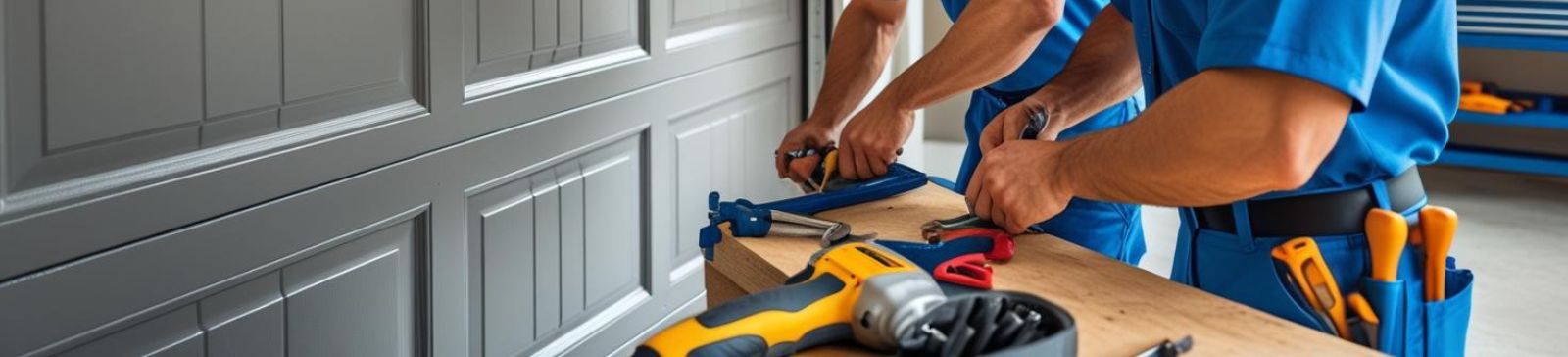 Two professional technicians in blue uniforms repairing a modern garage door with tools on a workbench in Savage, MN