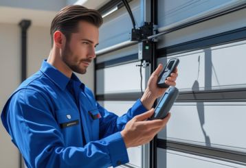 A technician in a blue uniform inspecting and adjusting a garage door opener system inside a residential garage in Savage, MN