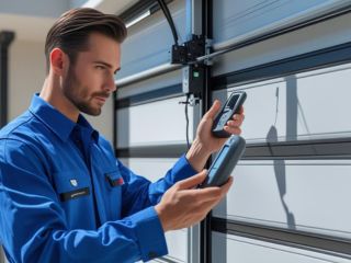 Technician Performing Garage Door Maintenance in Savage, MN A technician in a blue uniform inspecting and adjusting a garage door opener system inside a residential garage in Savage, MN