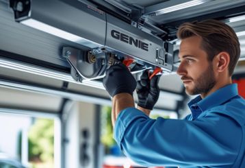 Technician adjusting a Genie garage door opener system inside a residential garage in Savage, MN