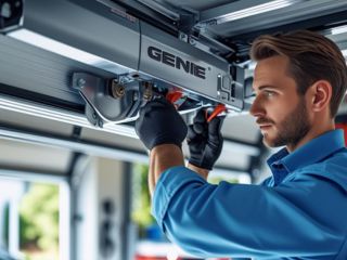 Technician Repairing Genie Garage Door Opener in Savage, MN Technician adjusting a Genie garage door opener system inside a residential garage in Savage, MN