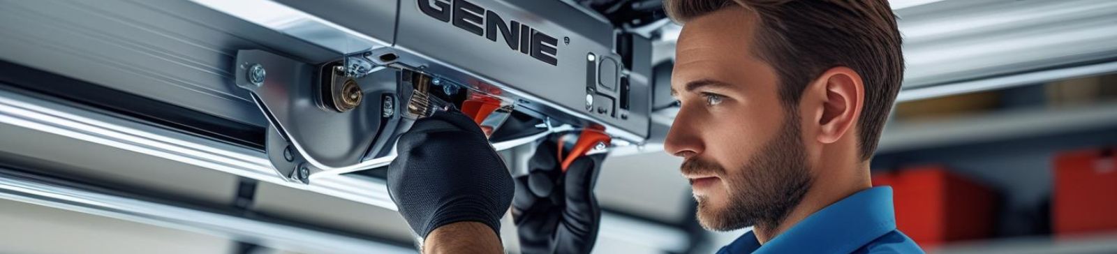 Technician adjusting a Genie garage door opener system inside a residential garage in Savage, MN