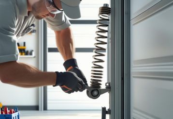 A professional technician using tools to replace a garage door torsion spring inside a residential garage in Savage, MN