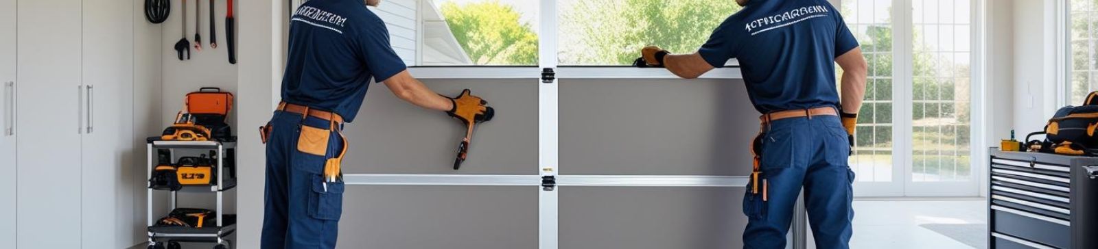 Two skilled technicians installing and inspecting a garage door inside a modern, organized garage in Savage, MN