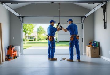 Two professional technicians in blue uniforms installing a new garage door in a bright, organized garage in Savage, MN