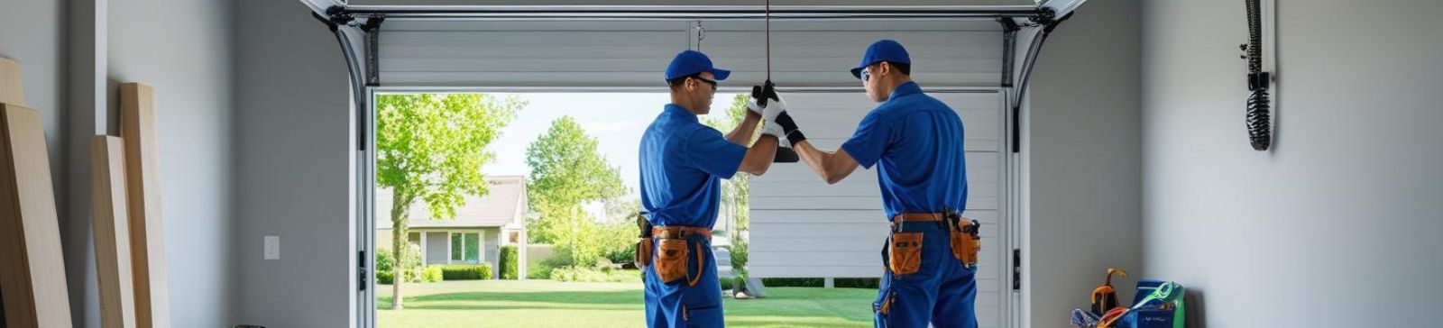 Two professional technicians in blue uniforms installing a new garage door in a bright, organized garage in Savage, MN